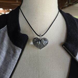 Black and Silver Heart Glass Pendant Necklace - Heart Cord Necklace